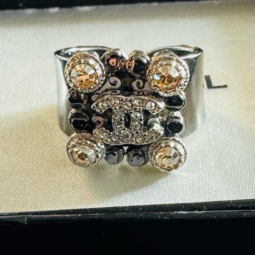 CHANEL Silver and Black Crystal Ring